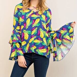 Entro Blue Feathers Print Ruffled Long Sleeve Top Blouse Womes Size Medium NEW